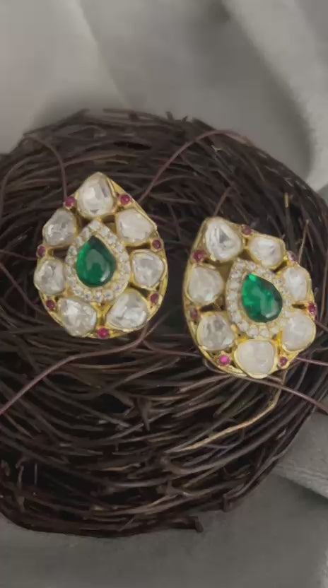 Teardrop Green Kundan Stud Earrings with Ruby Accents